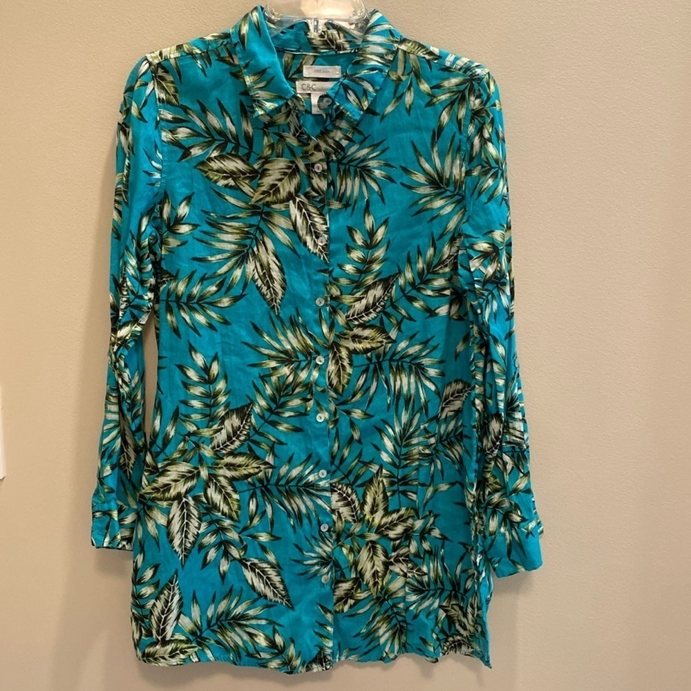 C&C California Linen L/S Shirt Tunic Green Blue Teal Tropical Leaf Print SMALL